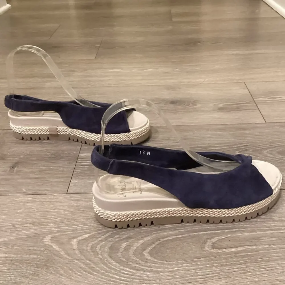 Amalfi Womens Slingback Flats 7.5 N Navy Blue White Nautical Resort Suede Sandal